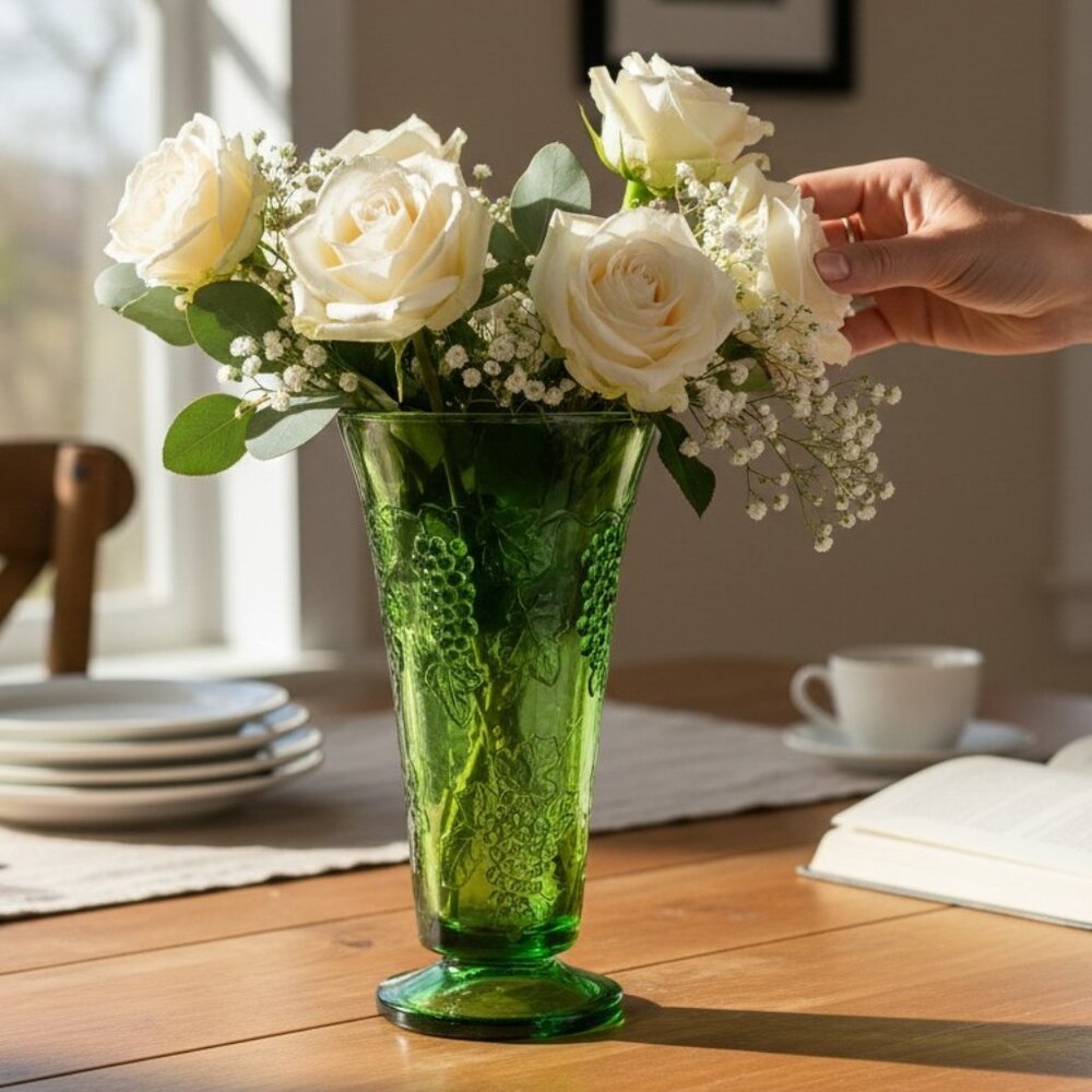Vintage olive-green footed grapevine vase, pressed glass, embossed grapes, retro